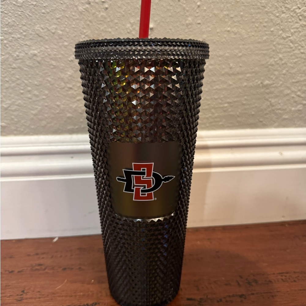 SDSU Black Studded Tumbler with Red Straw